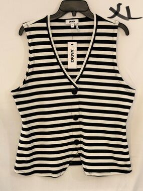 DKNY Black and White Striped V-Neck Button Tank